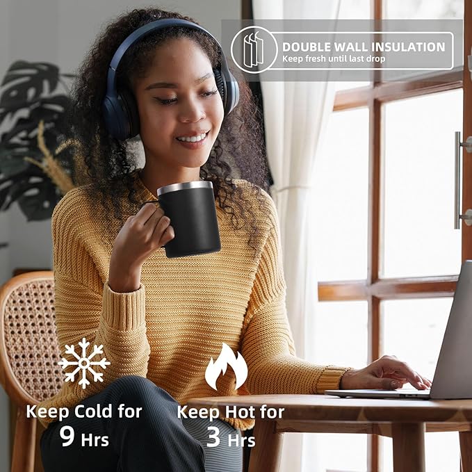 Volhoply 12oz Insulated Leakproof Coffee Mug with Flip & Straw Lid Bulk 2 Pack,Double Wall Vacuum Stainless Steel Travel Tumbler Cup with Handle,Reusable Camping Mugs Keep Cold/Hot(Assorted,2 Set)