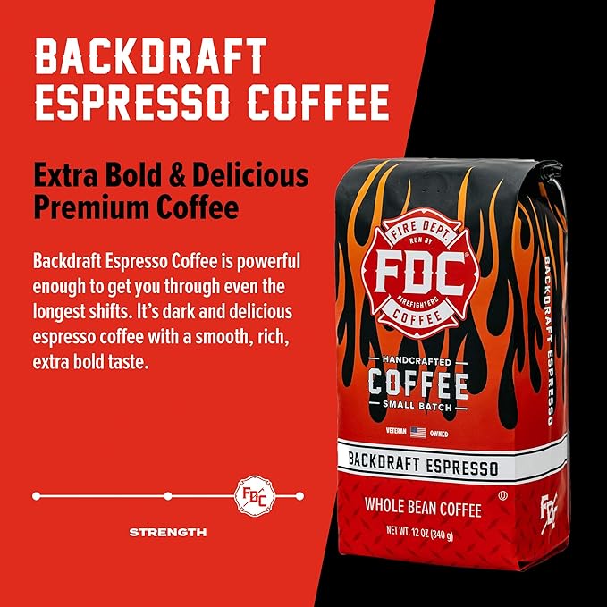 Fire Department Coffee - Gives Back to Firefighters - Backdraft Espresso Coffee Beans - Smooth & Rich - Roasted in the USA - Premium Espresso Beans - Veteran Owned - 12 oz