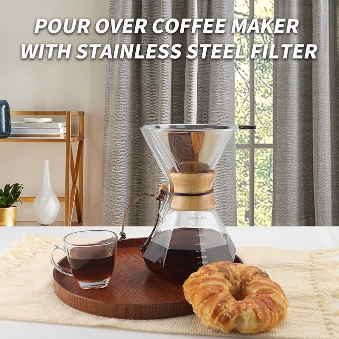Mongdio 34oz/1000ml Pour Over Coffee Maker with Reusable Stainless Steel Filter and Wooden Collar Holder, 6-8 Cups Borosilicate Glass Coffee Maker for Camping Home, Clear