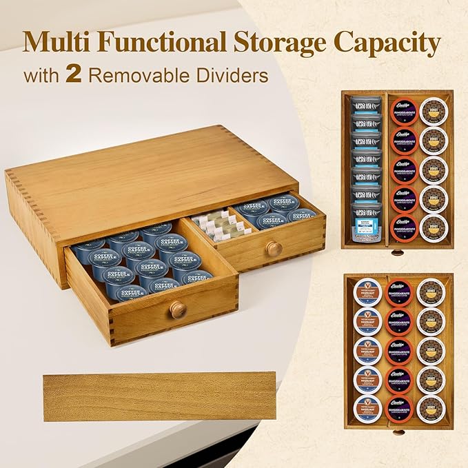 K Cup Storage Organizer,Wood Coffee Pod and Tea Bag Holder,Kcup Drawer Coffee Maker Stand,Home Kitchen Counter Holds Up to 30 Pods Capacity