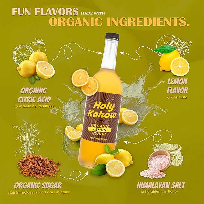 Holy Kakow Cafe Organic Lemon Syrup - Lemon Syrup, Coffee Syrup, Organic Syrup for Coffee, Lemon Syrup for Coffee, Add to Latte, Cocktail and Shake, Real Food Ingredients, Specific Flavor - 750ml