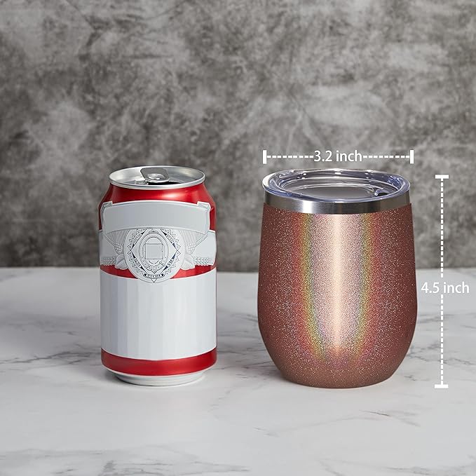 MEWAY 12oz/8 Pack Wine Tumbler Glasses with Lid - Stemless Double Wall Vacuum Stainless Steel Glitter Tumbler - Keeping Cold & Hot Cup for Coffee,Gift for Women(Rainbow Rose Gold,Set of 8)