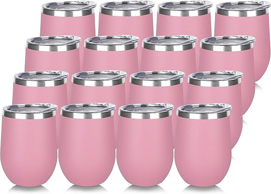 DOMICARE Stainless Steel Wine Tumbler Bulk with Lid, Personalized Insulated Tumblers Set, 12oz Travel Coffee Cups Pack of 16, Pink