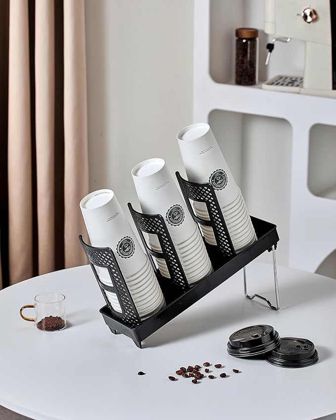 Coffee Cup Holder,Cup and Lid Dispenser with Stand,Disposable Cups Organizer,3 Slots,for Coffee Station,Bar,Office,Home,Restaurant,Breakroom,Countertop