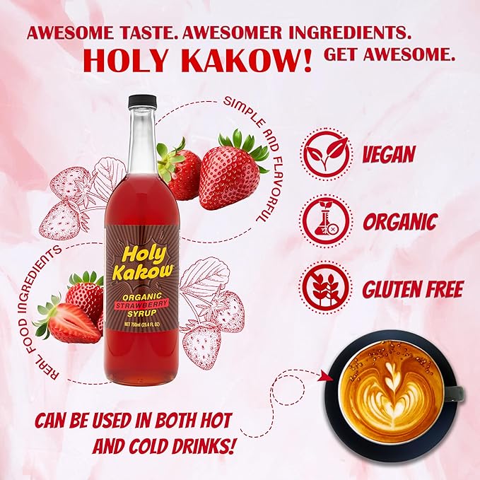 Holy Kakow Organic Strawberry Syrup - Strawberry Syrup for Drinks, Fruit Syrup, Dye Free Strawberry Syrup, Liquid Sugar, Cane Sugar Syrup, Strawberry Simple Syrup, All-Natural, Non-GMO - 750 ml