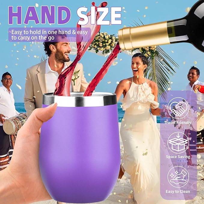 12oz/6 Pack Stainless Steel Wine Tumbler with Lid and Straw, Double Wall Vacuum Insulated Wine Tumbler Glasses, Stemless Travel Mugs for Hot and Cold Drinks, Coffee, Wine, Cocktails