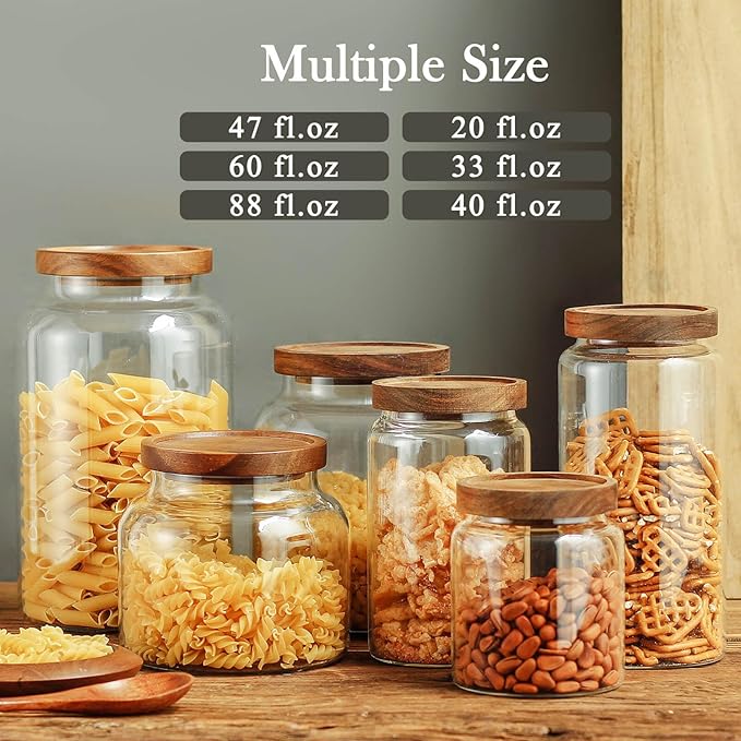 Labina Glass Storage Container Airtight Food Jars Kitchen Canister with Wood Lids, 20 Oz Wide Mouth Pantry Organization Glass Jar for Flour, Sugar, Cookie, Spagetti, Nuts and Candy