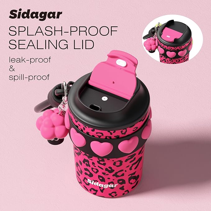 12 oz Travel Coffee Mug Spill Proof Leak Proof, Stainless Steel Thermal Coffee Cup with Lid, Resuable Cup for Hot and Cold, Portable Tumbler for Women, Pink Leopard