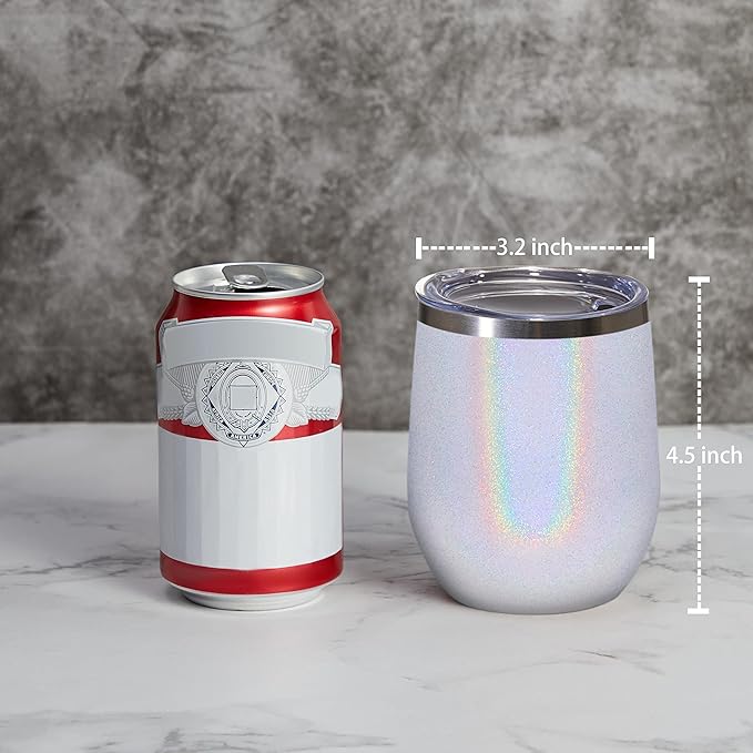 MEWAY 12oz/4 Pack Wine Tumbler Glasses with Lid - Stemless Double Wall Vacuum Stainless Steel Glitter Tumbler - Keeping Cold & Hot Cup for Coffee,Gift for Women(Rainbow White,Set of 4)