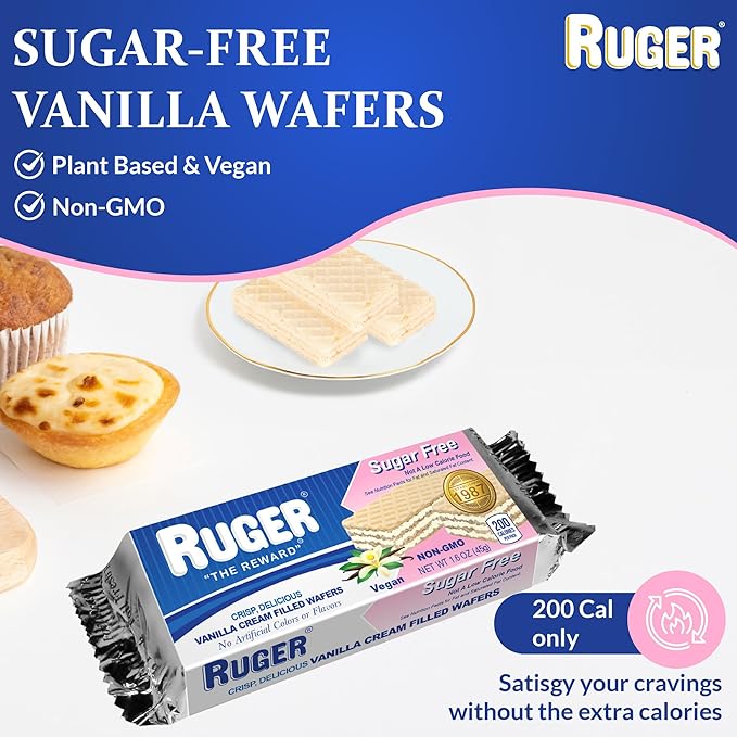 RUGER Sugar-Free Vanilla Wafers 1.6 Ounce (Pack of 12) - Delightfully Crisp & Creamy Treats - Natural Ingredients, Non-GMO, Vegan, No Artificial Colors/Flavors - Ideal for Desserts & Everyday Snacking