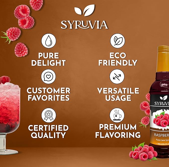 Syruvia Raspberry Syrup, Flavored Syrup for Drinks, Cocktails, Lemonades, Iced Teas, and Desserts – 25.4 fl oz, With Pump