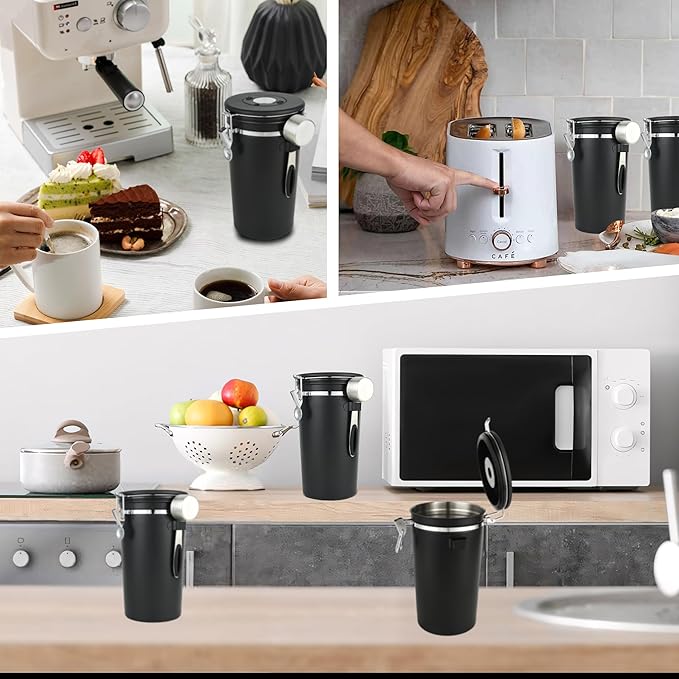 Coffee Canister Set of 3, Airtight Coffee Container with Date Tracker Lid, Stainless Steel Canister for Kitchen Food Storage (Black, 180oz)