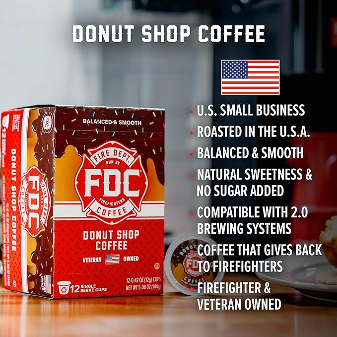 Fire Department Coffee - Gives Back to Firefighters - Donut Shop Coffee Pods - Medium Roast - Sweet & Smooth - Roasted in the USA - Veteran Owned - 24 Single Pods