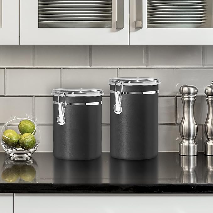 Oggi Stainless Steel Kitchen Canister 26 fl oz, Black - Airtight Clamp Lid, Clear See-Thru Top - Ideal for Kitchen Storage, Food Storage, Pantry Storage. Size 5" x 3.5".