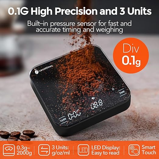 Rechargeable Mini Coffee Scale with Timer, 2kg/0.1g Precision Espresso Scale, Portable Digital Coffee Scale w/ 4 Modes for Espresso and Pour-Over Coffee (Black)