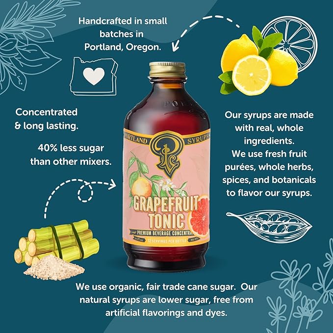 Portland Syrups Grapefruit Tonic Syrup - Craft Delicious Cocktails, Mocktails, Tea, Soda, Coffee Drinks, and More - 12 oz with 12 Servings (Pack of 1)