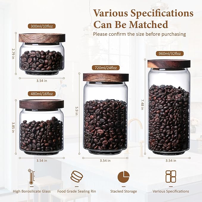 300ML/10Oz Clear Cute Glass Storage Canister Holder with Stackable Airtight Wood Lid, Modern Decorative Small Container Jar for Coffee, Spice, Candy, Salt, Cookie, Condiment, Pepper, Sugar