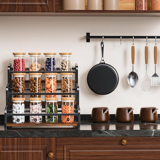 Coffee Syrup Rack Organizer, Wine Racks, Spice Racks, 3-Tier (Magnetic Connection) 12 Bottles Storage Shelves for Syrup Bottle Holder Stand for Coffee Bar, Kitchen Countertop, Rustic Brown & Black