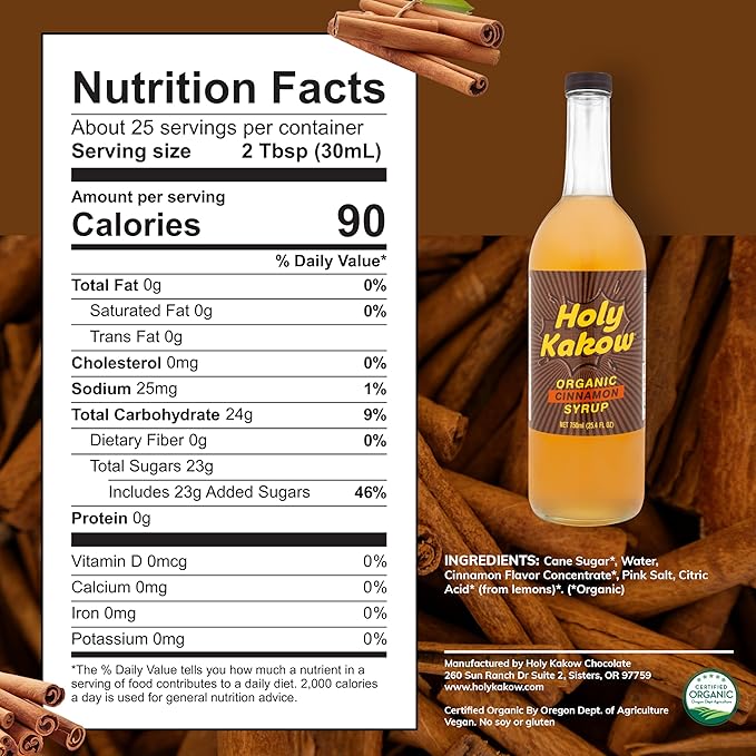Holy Kakow Cafe Organic Cinnamon Syrup - Cinnamon Coffee Syrup, Organic Syrup for Coffee, Cinnamon Syrup for Coffee, Latte, Cocktail and Shake - 750ml