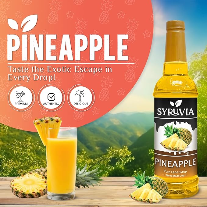 Syruvia Pineapple Syrup, Flavored Syrup for Drinks, Cocktails, Lemonades, Iced Teas, and Desserts – 25.4 fl oz, With Pump