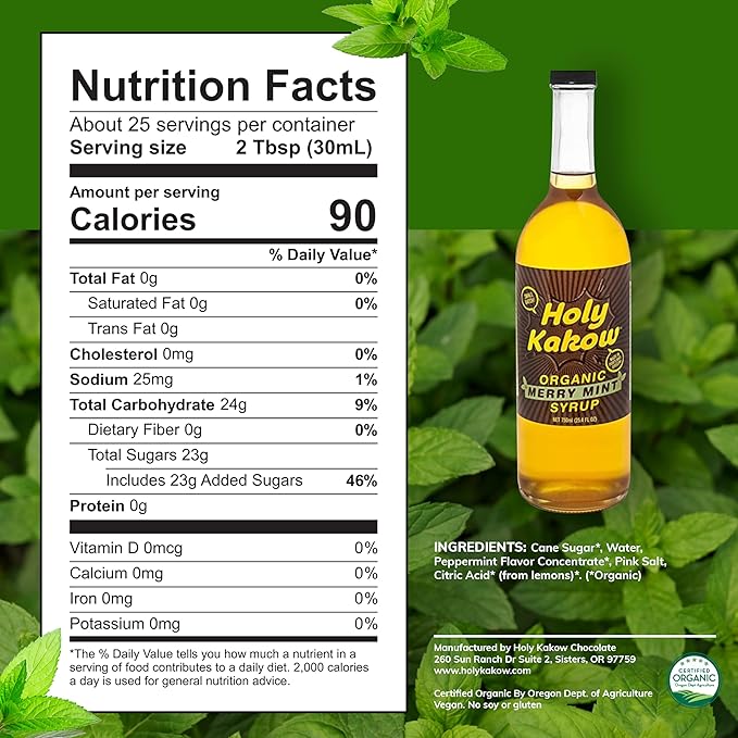 Holy Kakow Cafe Organic Mint Syrup - Mint Syrup, Coffee Syrup, Organic Syrup for Coffee, Mint Syrup for Coffee, Add to Latte, Cocktail and Shake, Real Food Ingredients, Specific Flavor - 750ml