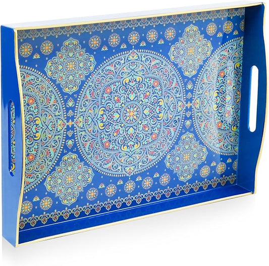 Gifturbo Decorative Tray for Coffee Table with Handles,Plastic Elegant Floral Rectangular Serving Tray for Ottoman,Living Room,Bathroom,Home Decor,Entertaining,2 Handles