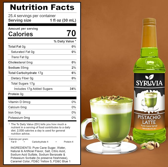 Syruvia Coffee Syrup, Pistachio Latte Flavored Syrup for Drinks, Lattes, and Desserts – 25.4 fl oz