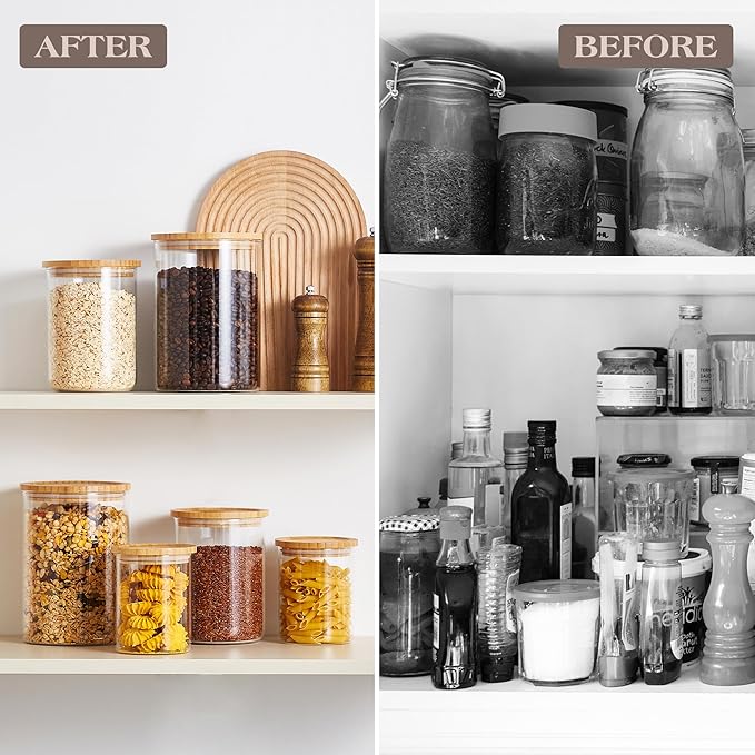 Glass Storage Containers with Wooden Lids, Airtight Jar for Kitchen Countertop Set of 3, Pantry Flour and Sugar Canisters for Candy, Cookie, Rice, Coffee Beans, Snacks, Spices