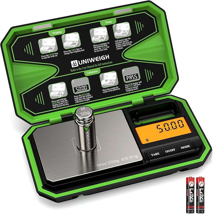 Digital Pocket Scale 200g/0.01g, Digital Scale Grams, Jewelry Scale,Coins Scale with 50g Cal Weights for Powder,Small Items,Tea,Jewelry,Coins (Battery Included)-Fluorescent Green