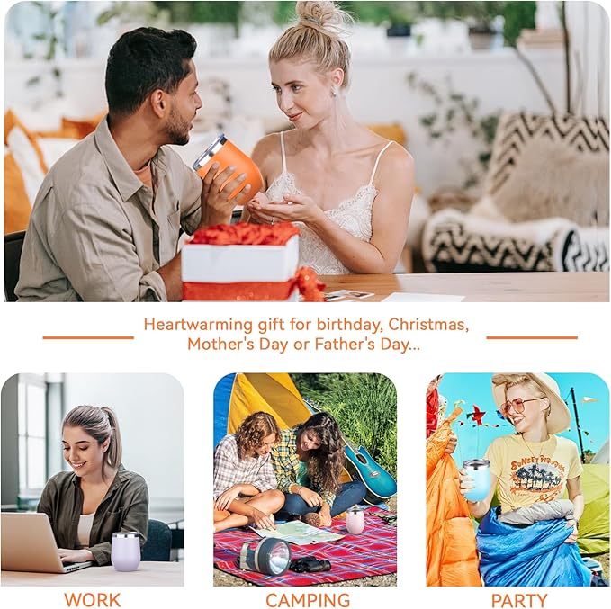 12oz/4 Pack Stainless Steel Wine Tumbler with Lid and Straw, Double Wall Vacuum Insulated Wine Tumbler Glasses, Stemless Travel Mugs for Hot and Cold Drinks, Coffee, Wine, Cocktails