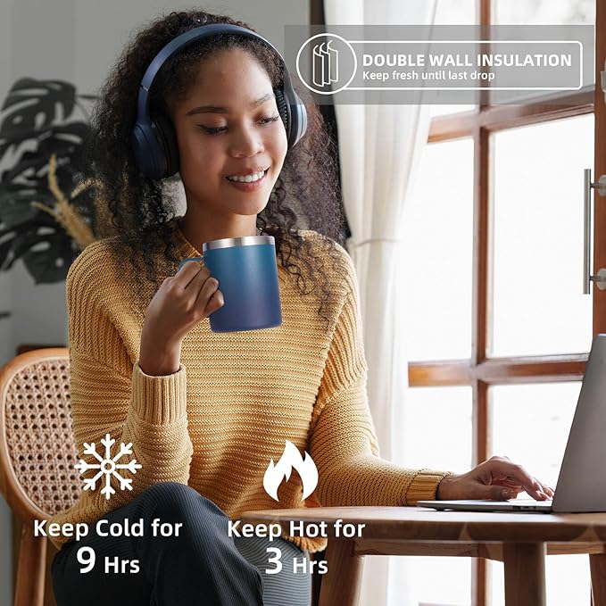 Volhoply 12oz Insulated Leakproof Coffee Mug with Flip & Straw Lid,Double Wall Vacuum Stainless Steel Travel Tumbler Cup with Handle,Reusable Camping Mugs Keep Cold/Hot(Dark Night,1 Set)