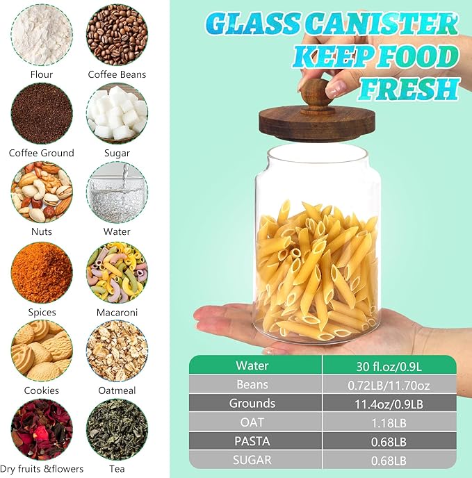 Glass Spice Jar Coffee Sugar Container Airtight Glass Jar Food Storage Canisters Bottle for Kitchen Seasoning Tea Herb Overnight Oats Bar Parfait Snacks (900ml/30oz-1pcs-A)