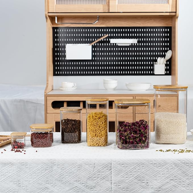 122oz Airtight Glass Square Storage Canister with Bamboo Lid Set of 2(3600ml*2) Large Storage Container Gallon Glass Jars, for Sugar, Flour, and Coffee bean (with Black Lable)