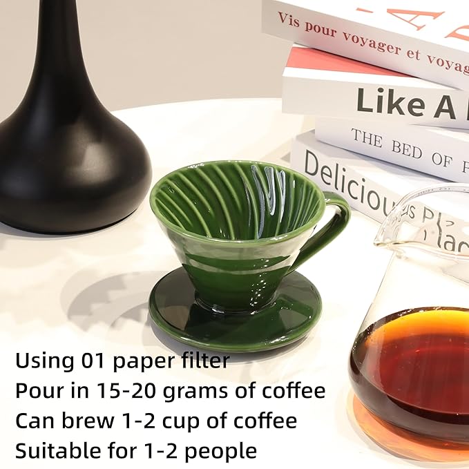 Ceramic Pour Over Coffee Dripper includes 50 Filters Porcelain Coffee Maker 01 Hand Drew Brewing Pottery Green Portable Artisanal Manual Gift for 1-2 People Home, Office, School, Camping