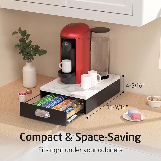 KES Natural Marble Top Coffee Pod Holder Drawer, Adjustable Metal Coffee Pod Organizer Fit All Pods Size (Nespresso Vertuo, K-cup, Nespresso Origin Capsules), 40/52Pcs Capacity, Black, KCPH503-BK
