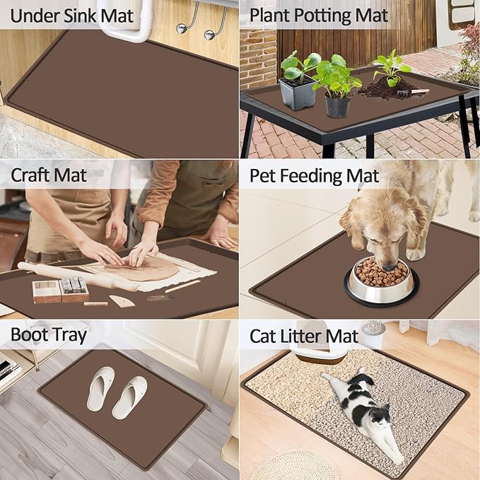 TOHONFOO Silicone Coffee Maker Mat with Lip, 19.7'' x 15'' Heavy Duty Coffee Maker Mat for Countertops, Coffee Tray Fit Under Coffee Machine Appliance Automatic Machines Espresso Accessory, Brown