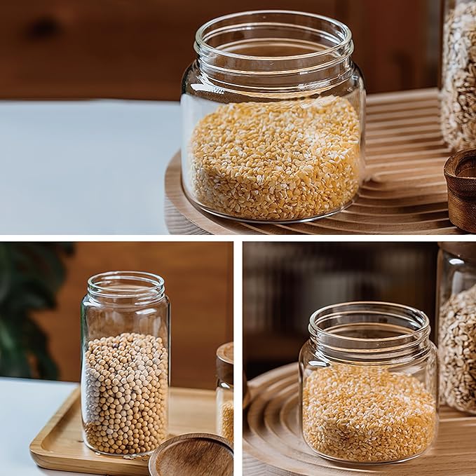 28 oz/850 ml Clear Glass Storage Canister with Airtight Wooden Screw Lid, Medium Cute Decorative Glass Container Jar for Coffee,Spice,Candy,Salt,Cookie,Condiment,Pepper,Sugar,Overnight Oatmeal