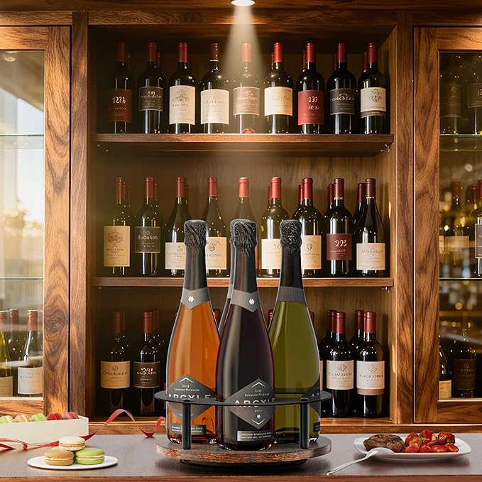 Invech Rotating Coffee Syrup Rack, Wood Syrup Holder for Countertop & Coffee Bar, 4 Bottles Turntable Wine Display Tray for Bar