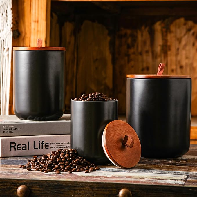 JOJUNO Black Ceramic Food Storage Canister Set (30 oz, 48 oz, 82 oz) with Bamboo Lids, 3-Piece Airtight Jars for Flour, Sugar, Coffee, Tea, Oats, Spice – Kitchen Storage Containers with Lids