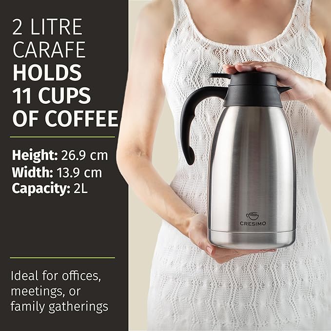 Cresimo Thermal Coffee Carafe 68oz / 2L - 12 Hours Hot Beverage Dispenser, Insulated Stainless Steel Carafe for Liquids, Coffee Carafes For Keeping Hot Water Dispenser for Parties - Large Tea Flask