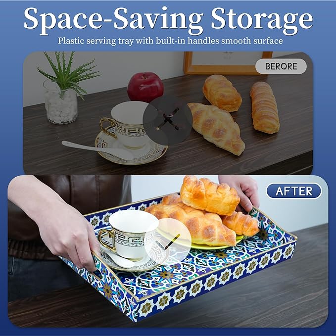 Gifturbo Serving Tray with Two Handles,Decorative Tray for Coffee Table, Plastic Rectangular Durable Serving Trays for Living Room, Bathroom, Outdoors, Blue