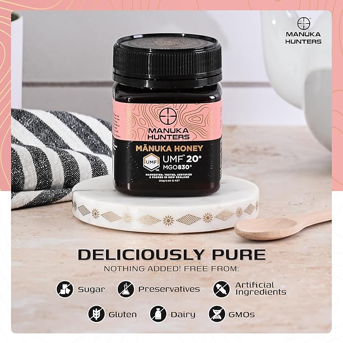 Manuka Hunters UMF 20+/MGO 830+ Certified New Zealand Manuka Honey - 100% Pure Natural Sweetener - Gluten, Dairy Free - Ideal for Tea, Coffee, Smoothies, and Baking - Sustainable - 8.8oz/250g Jar