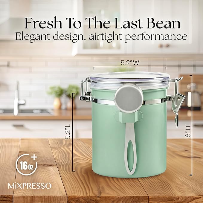 Mixpresso Green Coffee Canister, 16oz Airtight Stainless Steel Kitchen Food Storage Container with Clear Lid and Spoon. for Grounds Coffee, Beans, Tea, Flour, Cereal, Vacuum Sealed Sugar Container