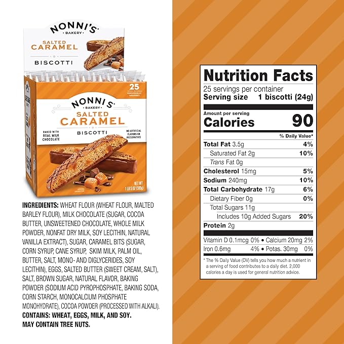 Nonni's Salted Caramel Milk Chocolate Biscotti Cookies — Individually Wrapped Italian Coffee Snack, Crunchy Twice-Baked, 90 Cal Each, 21 oz Carton, 4 Pack