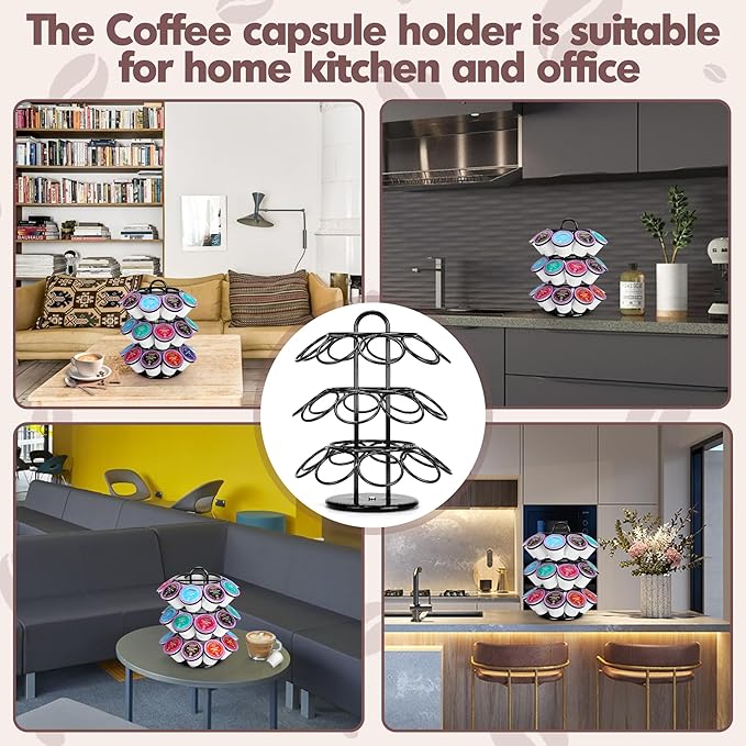 Coffee Pod Holder, K Cup Holders, 3 Tier Coffee Pod Carousel Compatible with K Cups (27 Pods), Spins 360-Degrees, Modern Black Design