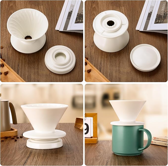 Pour Over Coffee Maker, Ceramic Coffee dripper with 100 pcs Size 02 Paper Filter, Ceramic coffee Server with Lid, 15.5oz/450 ml, Suitable for 1-2 people (White A)