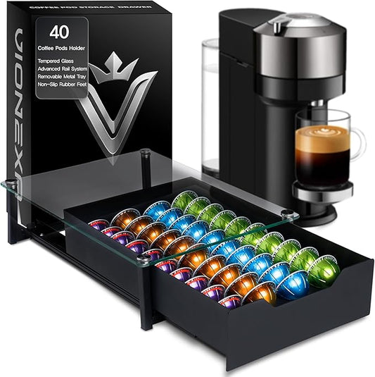 Coffee Pod Holder with Rail Drawer for Nespresso – 40 Pods Capacity for Nespresso Vertuoline & K-cups Capsule – Tempered Glass and Anti-Slip Base Metal Coffee Pods Organizer 16.14x11.81x3.94
