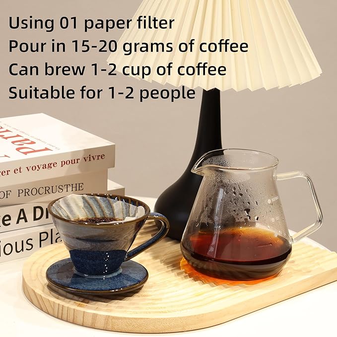 Ceramic Coffee Dripper includes 50 Filters 01 Pour Over Coffee Maker Porcelain V 60 Hand Brewed Set Pottery Artisanal Drip Brew Barista Gift for 1-2 People Travel Camping Office Home