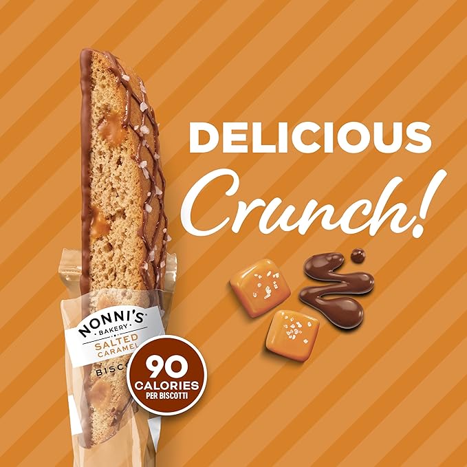 Nonni's Salted Caramel Milk Chocolate Biscotti Cookies — Individually Wrapped Italian Coffee Snack, Crunchy Twice-Baked, 90 Cal Each, 21 oz Carton, 2 Pack