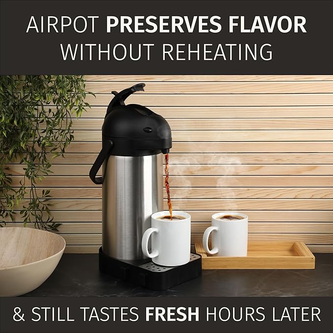 Airpot Coffee Dispenser with Pump & Tray - 102oz/3L Coffee Carafe with Pump - 12 Hours Hot Drink Dispenser for Parties - Stainless Steel Thermal Carafe for Hot Cocoa Bar -Easy-to-Use Insulated Pitcher